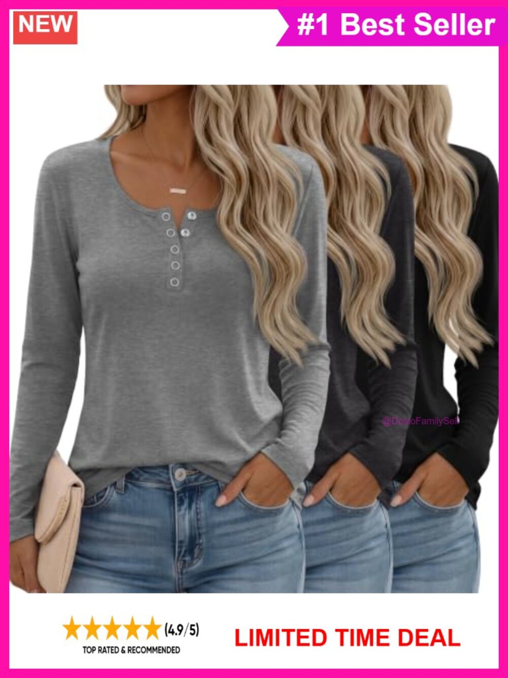 Women's Long Sleeve Henley Shirts Button Down Tops 3 Pack Casual